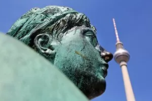 Images Dated 7th June 2014: Berlin TV Tower, Fernsehturm, television tower and a statue on the Neptune fountain in Berlin
