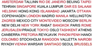 Capital cities names global mug in red and black Capital cities names global mug in red and black