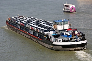 Cargo ship transporting motor cars on the River Danube, Budapest, Hungary Cargo ship transporting motor cars on the River Danube, Budapest, Hungary