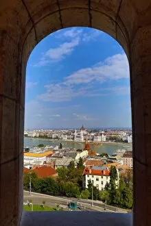 Budapest, Hungary Collection: City skyline seen through a window of the Fishermans Bastion in Budapest, Hungary