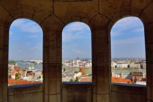 Budapest, Hungary Collection: City skyline seen through a window of the Fishermans Bastion in Budapest, Hungary