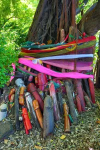 Fertility shrine of the Goddess Tubtim with thousands of wooden phalluses and phallic symbols, Bangkok, Thailand Fertility shrine of the Goddess Tubtim with thousands of wooden phalluses and phallic symbols, Bangkok, Thailand