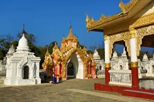 Mandalay, Myanmar Collection: Gate and temple at Kuthodaw Pagoda, Mandalay, Myanmar (Burma)