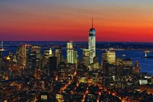 Images Dated 20th October 2013: General aerial view of the New York Manhattan city skyline at sunset and One World Trade Center
