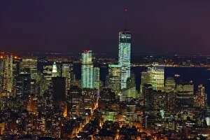 Images Dated 20th October 2013: General aerial view of the New York Manhattan city skyline at night and One World Trade Center