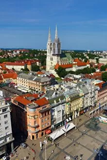 Images Dated 27th May 2016: General city skyline view with Zagreb Cathedral and Ban Jelacic Square in Zagreb, Croatia