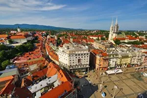 Images Dated 27th May 2016: General city skyline view with Zagreb Cathedral and Ban Jelacic Square in Zagreb, Croatia