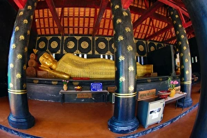 Gold reclining Buddha statue at Wat Chedi Luang Temple in Chiang Mai, Thailand