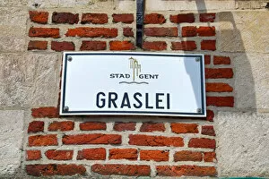 Ghent, Belgium Collection: Graslei quay street sign, Ghent, Belgium