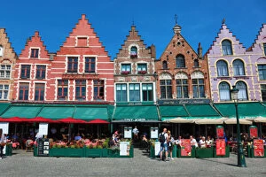 Images Dated 5th August 2019: Guild houses converted into restaurants in the Market Square or Markt, Bruges, Belgium