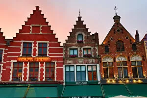 Images Dated 5th August 2019: Guild houses converted into restaurants in the Market Square or Markt, Bruges, Belgium