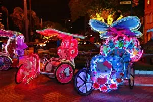 Malacca Collection: Illuminated decorated kitsch cycle trishaw rickshaw with soft toys at night in Malacca, Malaysia