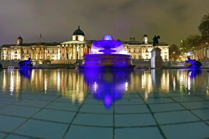 Illuminated fountains in Trafalgar Square, London