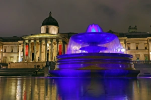 Illuminated fountains in Trafalgar Square, London