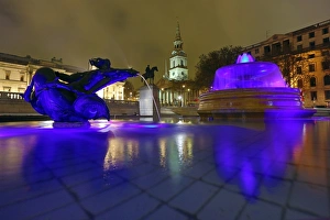 Illuminated fountains in Trafalgar Square, London