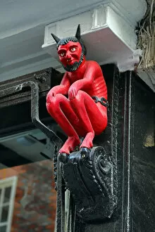 Yorkshire Collection: Little Red Devil statue, symbol of a printer, in York, Yorkshire, England
