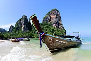 Long Tailed Boats on Railay Beach, Krabi, Thailand long tailed boats railay beach krabi thailand