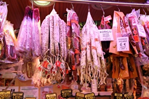 Meat and butcher stalls and fresh produce at La Boqueria market de St Josep, Barcelona, Spain Meat and butcher stalls and fresh produce at La Boqueria market de St Josep, Barcelona, Spain