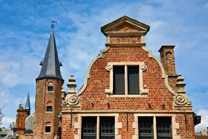 Images Dated 5th August 2019: Medievel tower and roof decorations on the Huidevettershuis, Bruges, Belgium