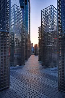Seoul, Korea Collection: Metal structures beside the office blocks at dusk in the Gangnam district, Seoul, Korea