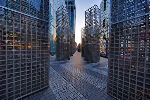 Seoul, Korea Collection: Metal structures beside the office blocks at dusk in the Gangnam district, Seoul, Korea