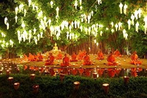 Monks celebrate Loy Krathong at Wat Phan Tao Temple, Chiang Mai, Thailand