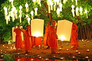 Monks celebrate Loy Krathong at Wat Phan Tao Temple, Chiang Mai, Thailand