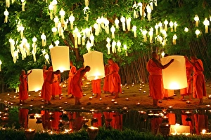 Monks celebrate Loy Krathong at Wat Phan Tao Temple, Chiang Mai, Thailand