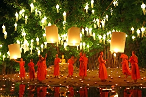 Monks celebrate Loy Krathong at Wat Phan Tao Temple, Chiang Mai, Thailand