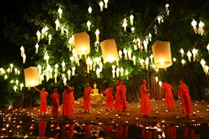 Monks celebrate Loy Krathong at Wat Phan Tao Temple, Chiang Mai, Thailand