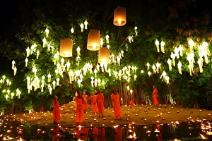 Monks celebrate Loy Krathong at Wat Phan Tao Temple, Chiang Mai, Thailand