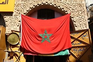 Morocco Collection: Moroccan flag in the streets of the Medina of Rabat, Morocco