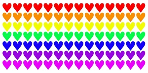 Multi-coloured love heart mug covered in lines of rainbow hearts Multi-coloured love heart mug covered in lines of rainbow hearts