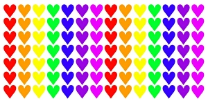 Multi-coloured love heart mug covered in lines of rainbow hearts Multi-coloured love heart mug covered in lines of rainbow hearts