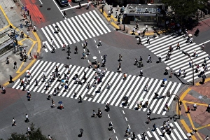 The pedestrian crossing at the intersection in Shibuya, Tokyo, Japan