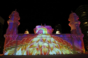 Projection mapping images on ice sculptures at the 65th Sapporo Snow Festival 2014, Sapporo, Japan