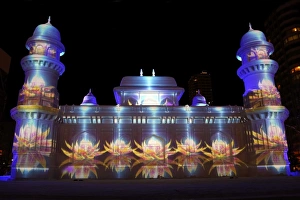 Projection mapping images on ice sculptures at the 65th Sapporo Snow Festival 2014, Sapporo, Japan