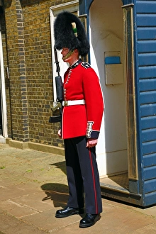 Queens Guard wearing busby guarding St James Palace, London, England Queens Guard wearing busby guarding St James Palace, London, England