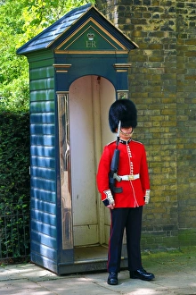 Queens Guard wearing busby guarding St James Palace, London, England Queens Guard wearing busby guarding St James Palace, London, England