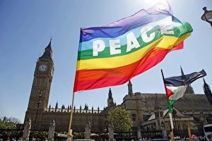 Rainbow flag over Parliament, London, England