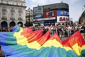Images Dated 4th July 2009: Rainbow Flag at Piccadilly Circus at London Pride Parade 2009