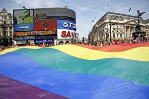 Images Dated 4th July 2009: Rainbow Flag at Piccadilly Circus at London Pride Parade 2009
