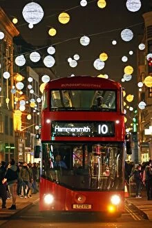 Images Dated 1st November 2015: Red Double Decker Bus and Oxford Street Christmas lights, London
