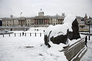 Snow in Trafalgar Square, London