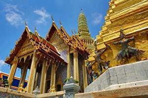 Spires and golden chedi, Wat Phra Kaew, Temple of the Emerald Buddha Complex, Bangkok, Thailand Spires and golden chedi, Wat Phra Kaew, Temple of the Emerald Buddha Complex, Bangkok, Thailand