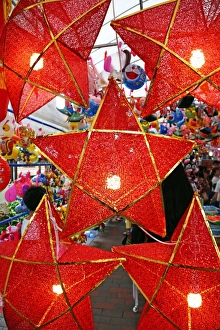 Star shaped red lanterns in a street market in Chinatown in Singapore, Republic of Singapore Star shaped red lanterns in a street market in Chinatown in Singapore, Republic of Singapore
