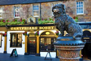 Images Dated 6th July 2018: Statue of Greyfriars Bobby and pub on Candlemaker Row, Edinburgh, Scotland
