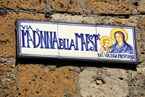 Images Dated 2nd September 2019: Street sign for the Via Madonna della Maesta in the hilltop village of Civita di Bagnoregio
