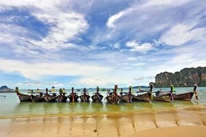 Images Dated 1st December 2012: Traditional Thai long tail boats, Railay Beach West, Krabi, Phuket, Thailand