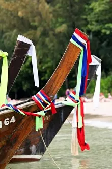 Images Dated 1st December 2012: Traditional Thai long tail boats, Railay Beach West, Krabi, Phuket, Thailand